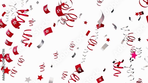 Red and white confetti and ribbons fall in a 3D animation to celebrate a national event. The design features elements of the flag of Hong Kong.