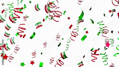 In this 3D animation, colorful confetti falls while featuring the national flag of Iran. The visual represents a festive mood with bright elements in the air