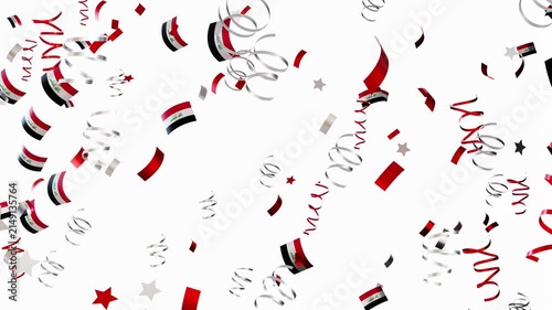 Confetti and ribbons fall gracefully in a bright setting, featuring national flag of Iraq. This animation showcases a festive atmosphere for a country celebration