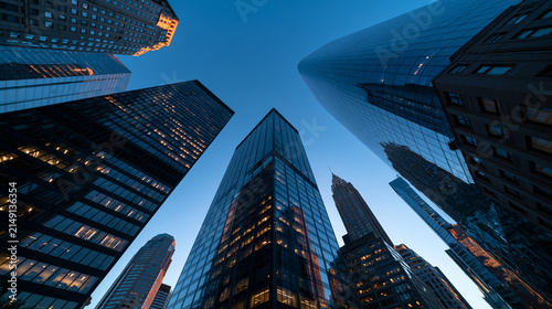 Low Angle View of Modern City Skyscrapers at Twilight