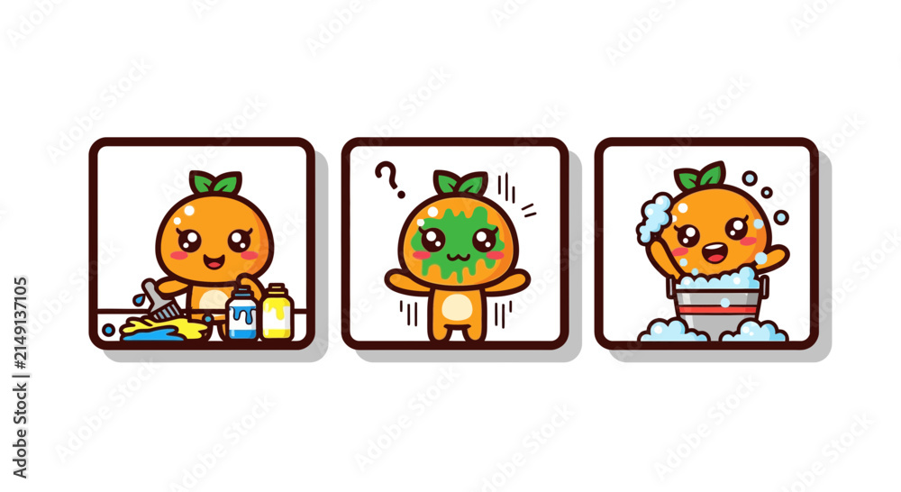 Naklejka premium Kawaii Orange Character Painting Messy Art and Taking a Bath