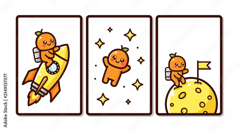 Fototapeta premium Cute Kawaii Orange Astronaut Space Explorer Vector Illustration Set