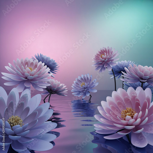 Water lilies float gracefully upon a calm and reflective surface against a soft gradient background of pastel pink and teal hues that suggest a serene atmosphere for peaceful meditation and nature.