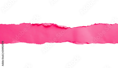 Horizontal strip of bright pink torn paper isolated on a clean solid white background surface with background irregular ragged paper against plain