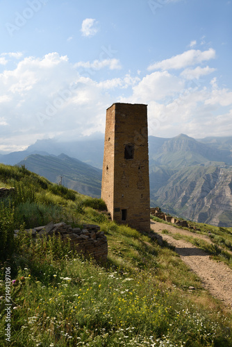 Tower of old village Goor in Dagestan, Russia. Panoramic view of the ancient Goor settlement