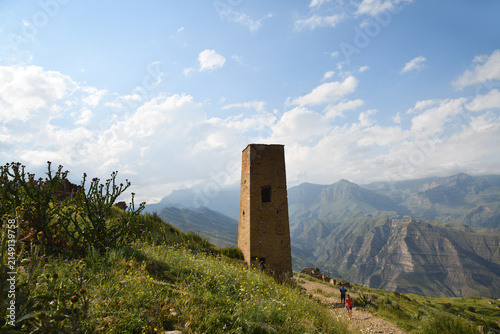 Tower of old village Goor in Dagestan, Russia. Panoramic view of the ancient Goor settlement
