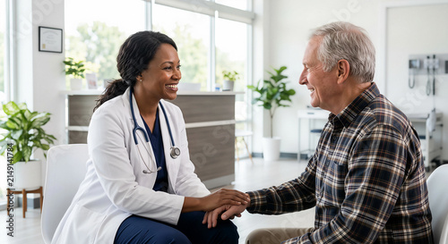Smiling female doctor holding hands and comforting a senior male patient in a clinic