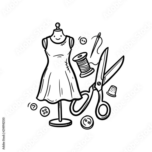 Tailoring mannequin with sewing tools.