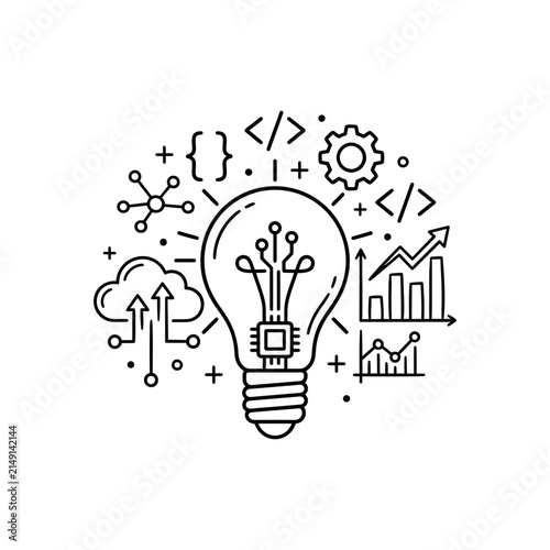 Technology lightbulb with coding and data icons.