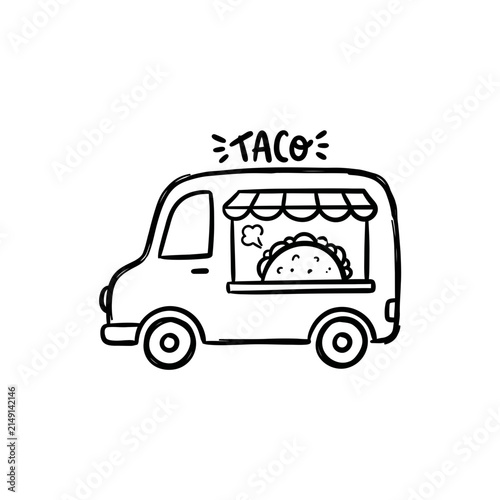 Taco food truck doodle illustration.