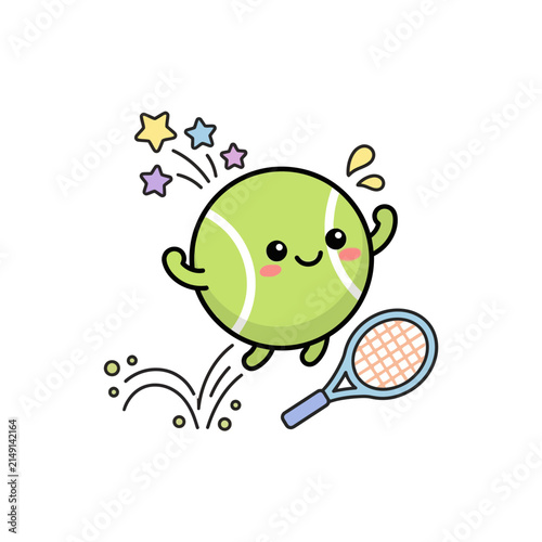 Tennis ball character mascot with racket and stars.