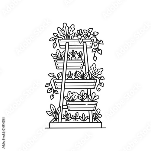 Tiered vertical garden planter with various herbs and plants.