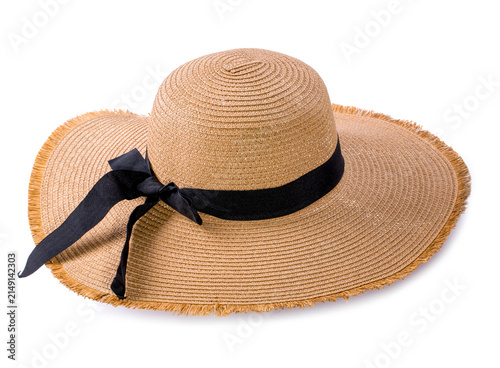 Women's sun hat with a ribbon on a white background