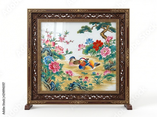 Traditional Chinese double-sided embroidery desk screen with mandarin ducks and flowers in carved wooden frame