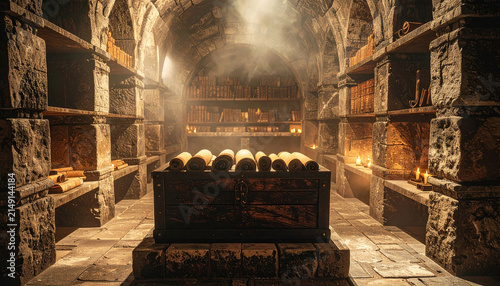 Ancient scrolls stored in stone vault chamber, illuminated by flickering candles, create mysterious and enchanting atmosphere