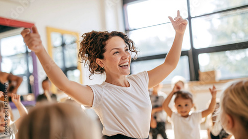 Teacher leading children in a joyful dance and movement class, learning together with happiness and fun in kindergarten