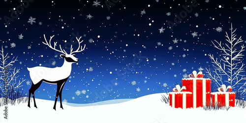 A colorful Christmas card featuring a reindeer and red gift boxes resting on white sand, set against a starry sky.
