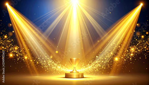 Golden trophy illuminated by bright spotlights with sparkling light rays creating celebratory atmosphere