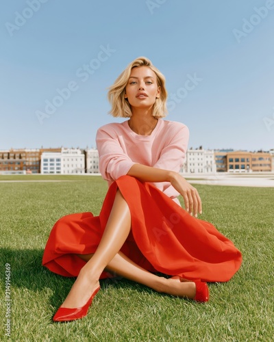 Blonde woman sitting on grass in pink sweater and red skirt on sunny urban lawn