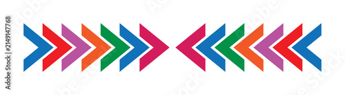 Fotografie Colorful rainbow chevron arrows facing inward from opposite directions, isolated on a black background