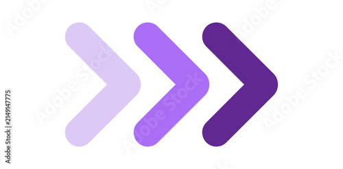 Fotografie Three rounded chevron arrows pointing right with a smooth purple to violet gradient, isolated on a white background