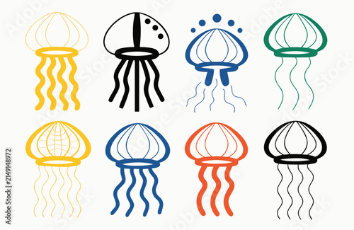 Minimalist colorful jellyfish icon set featuring various stylized marine life designs arranged in rows with displays collection eight icons rendered minimalist