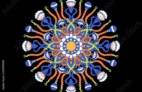 Vibrant symmetrical jellyfish mandala illustration featuring intricate geometric patterns against a solid black background surface with composed stylized jellyfish