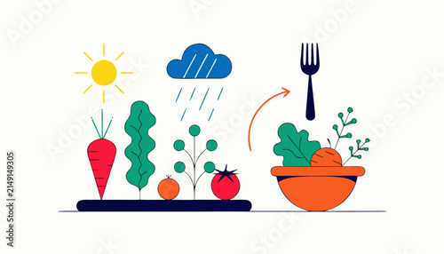 Minimalist farm to table illustration showing growing vegetables and fresh salad bowl preparation concepts with displays stylized minimalist