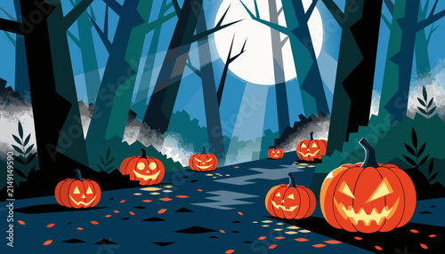 Glowing carved pumpkins lined along a dark forest path under a bright full moon illustration with flat vector illustration lanterns arranged