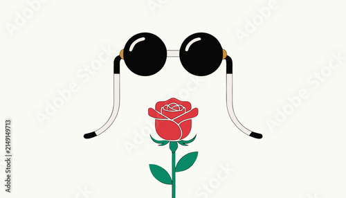 Minimalist graphic illustration featuring circular eyewear frames positioned above a single vibrant red rose bloom with vector illustration round