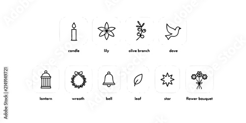 Collection of minimalist holiday and celebration line art icons isolated on white background with representing various holiday celebration symbols arranged