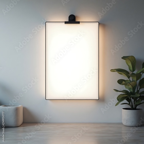 Minimalist interior with illuminated wall panel and potted plant.