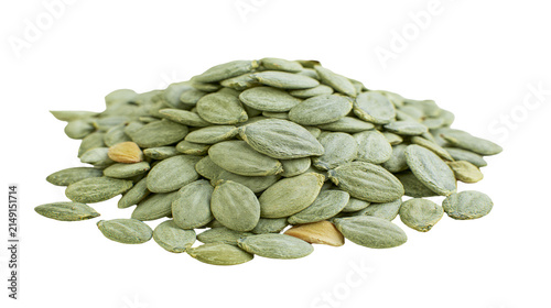 Foto Pile of green pumpkin seeds pepitas, with one tan seed visible