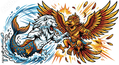Foto Epic fantasy-style vector illustration featuring a dramatic battle between the iconic Merlion and the legendary Garuda