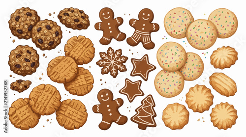A festive collection of assorted holiday cookies, including gingerbread men, sugar cookies, and oatmeal cookies, perfect for seasonal celebrations