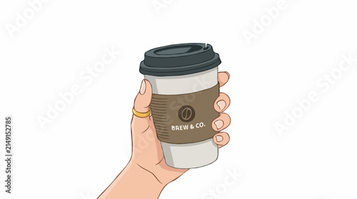A hand holding a to-go cup of coffee, complete with a lid and a cozy