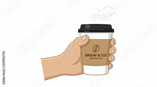 A hand holding a steaming cup of coffee from Brew & Go Coffee Co. with a coffee bean logo on the sleeve