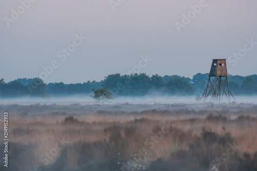 Germany, North Rhine-Westphalia, Recker Moor, Landscape with raise hide in morning fog
