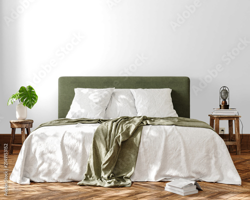 Natural Minimalist Bedroom Wall Mockup PNG with Upholstered Bed, Rustic Nightstands and Decorative Vase, Transparent Background, Soft Shadows