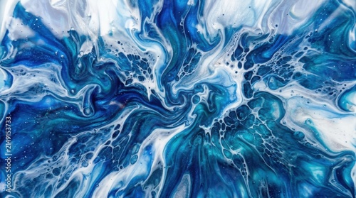 Vibrant Blue and White Abstract Fluid Art Swirls.
