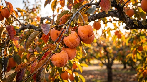 Ripe persimmons hanging on tree branch in autumn orchard