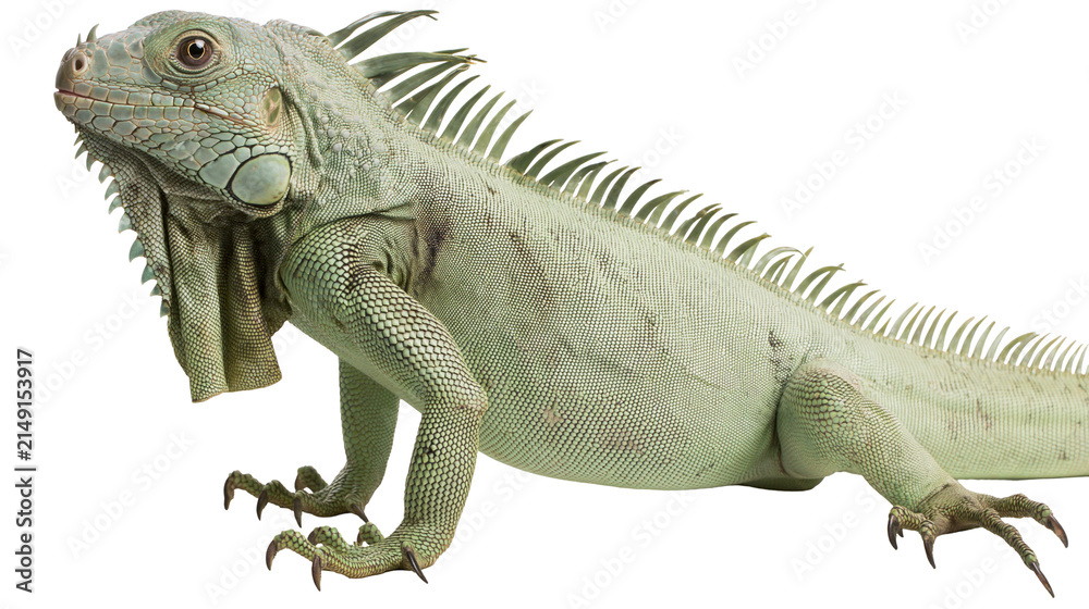 Naklejka premium Green iguana reptile with spiky crest and dewlap