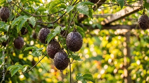 Ripe passion fruits hanging on a vine in a sunny garden