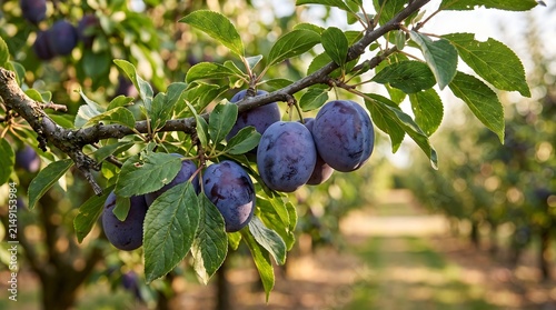 Ripe purple plums on a tree branch in a sunny orchard