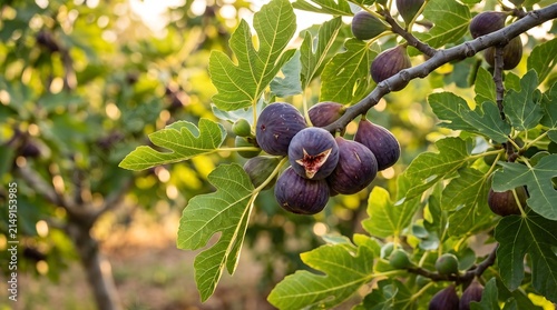 Closeup of ripe figs and green leaves on a fig tree in a sunny orchard