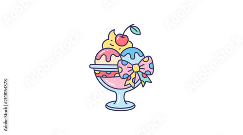 Sweet Ice Cream Sundae with Cherry and Bow - Pixel Art