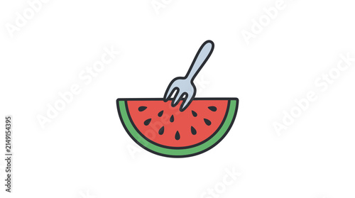 Slice of Watermelon with Fork, Refreshing Summer Fruit, Simple Icon Illustration