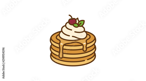 Stack of Pancakes with Whipped Cream, Cherry, and Syrup - Cute Illustration