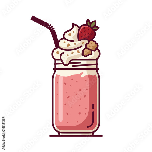 Strawberry Smoothie in a Jar with Whipped Cream and Garnish