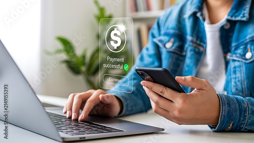 Successful online payment confirmation and digital banking concept
